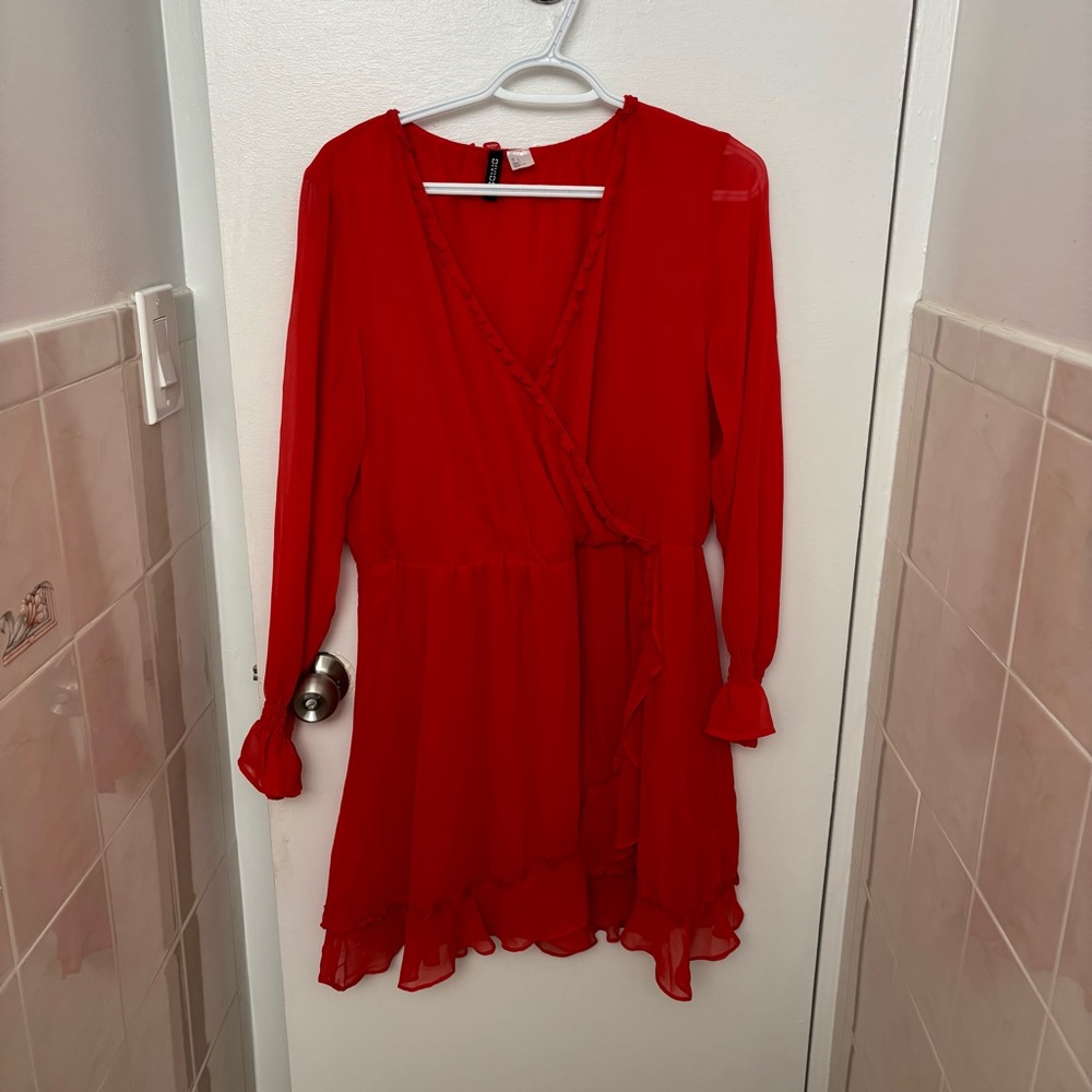Elegant A line Red Long Sleeve Wrap Dress Size Large L
